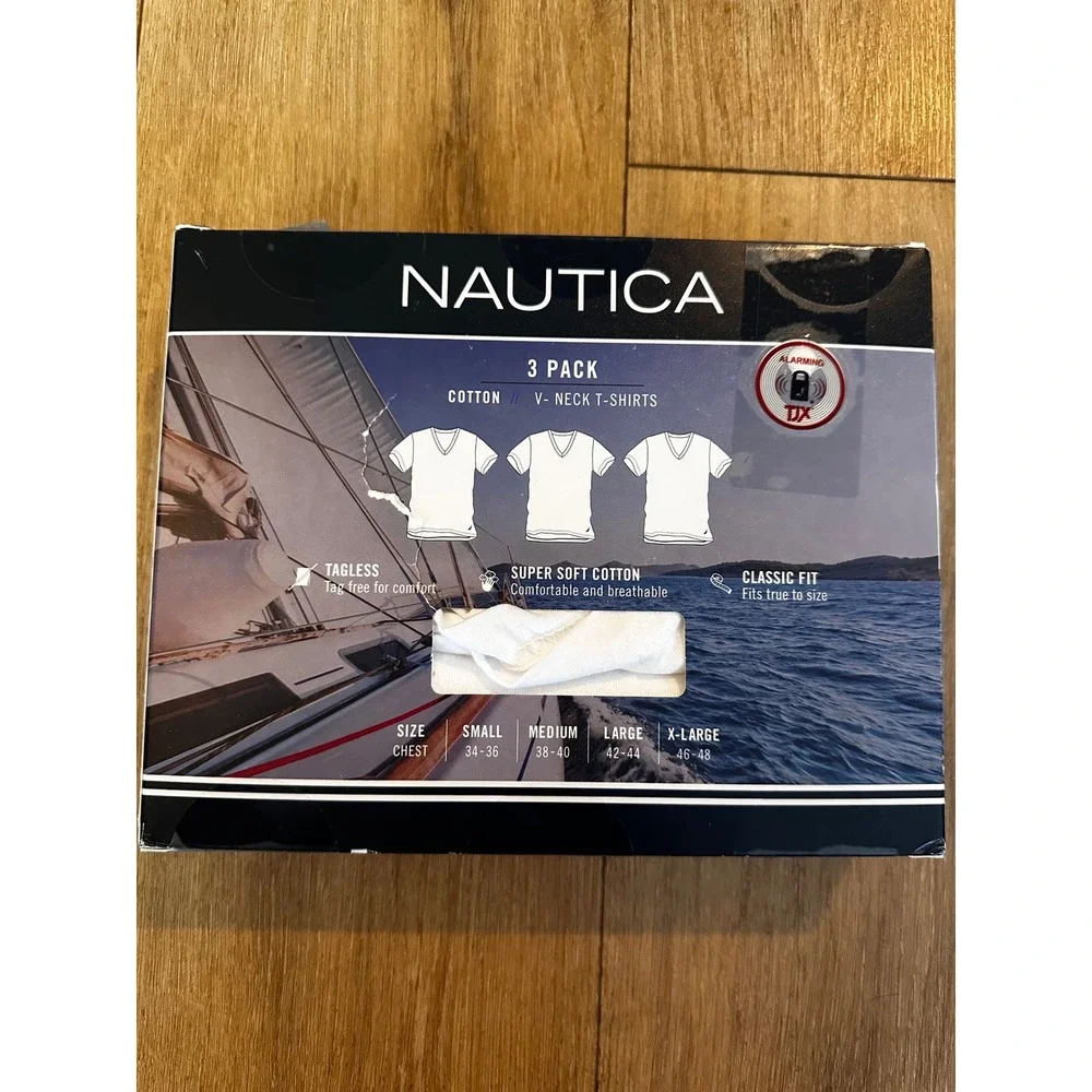 Nautica Mens 3 Pack Cotton V-Neck T-Shirts White Classic Fit Undershirts Size S